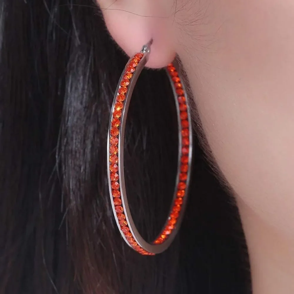 14K White Gold with Ruby Red Cubic Zirconia Big Hoop Latch Back Earrings